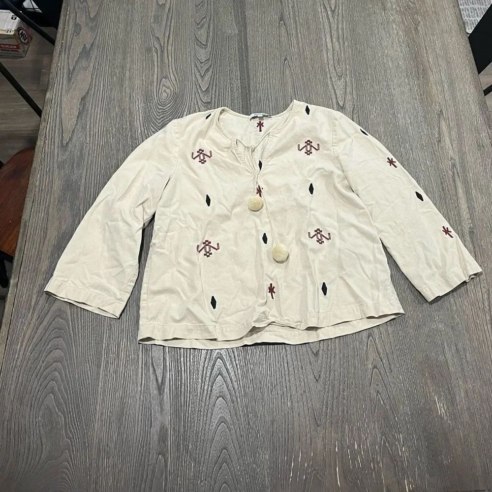 Madewell Cream Silk Embroidered Fringe Top Wide Sleeves Size XS